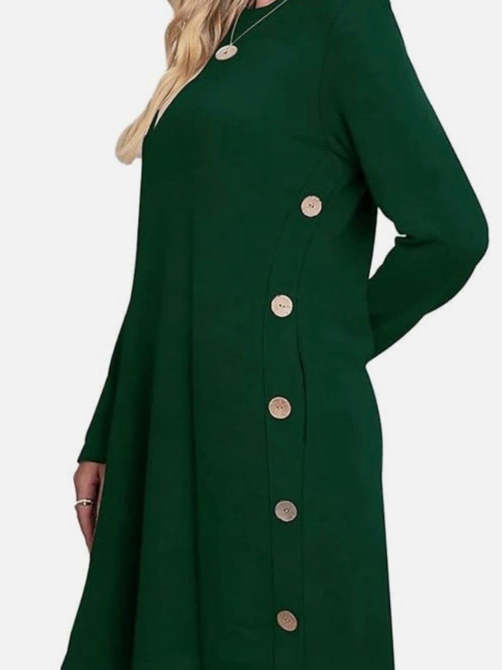 Long Sleeve Forest Green Button-Accent Women's Dress